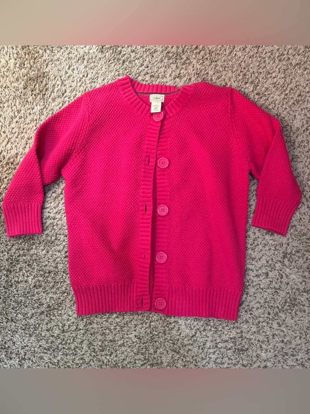 L.L. Bean Vintage Bright Pink Button-Up Cardigan Cotton 3/4 Sleeve Women’s Large